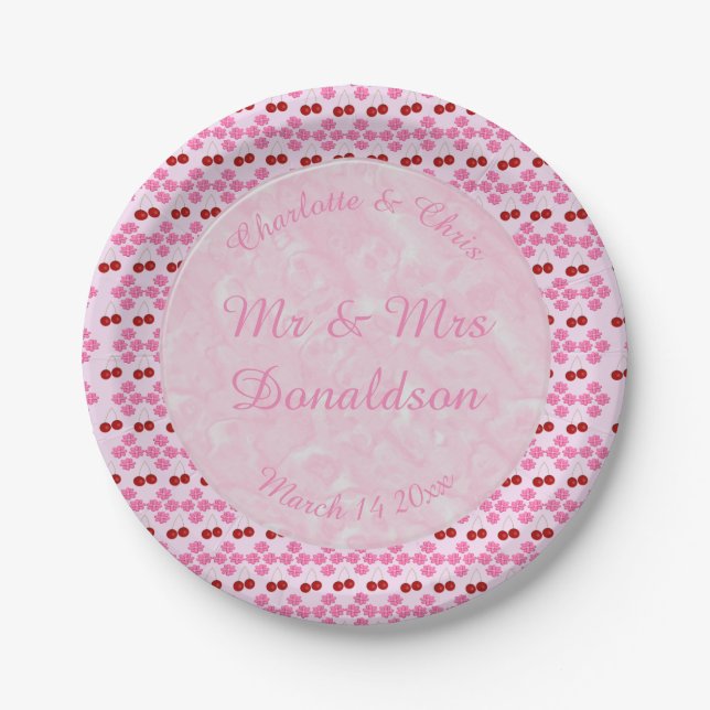 Pink Spring Wedding Cherry blossom and cherries Paper Plate (Front)