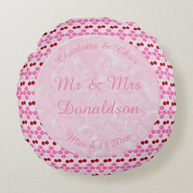 Pink Spring Wedding Cherry blossom and cherries Round Cushion (Front)