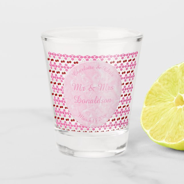Pink Spring Wedding Cherry blossom and cherries Shot Glass (Front)