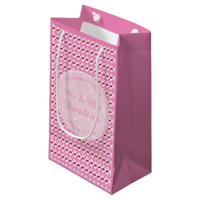 Pink Spring Wedding Cherry blossom and cherries Small Gift Bag (Front Angled)