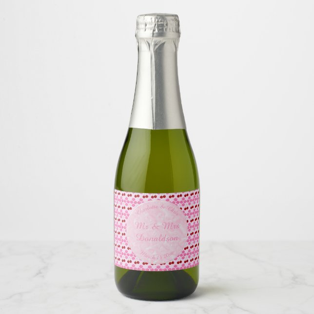 Pink Spring Wedding Cherry blossom and cherries Sparkling Wine Label (Front)