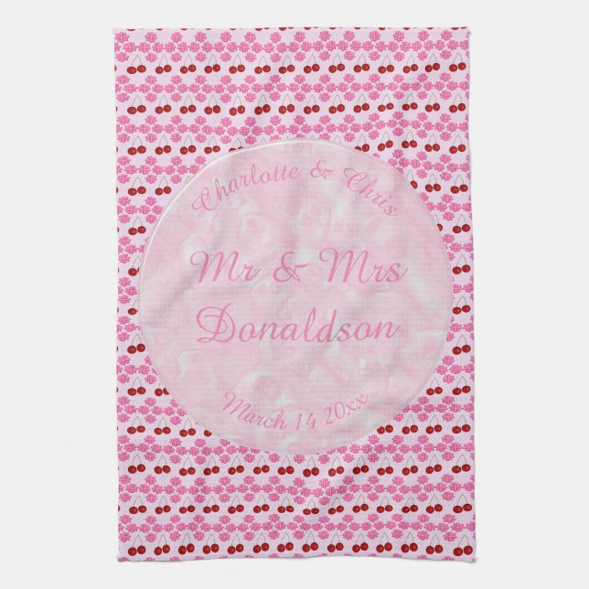 Pink Spring Wedding Cherry blossom and cherries Tea Towel (Vertical)