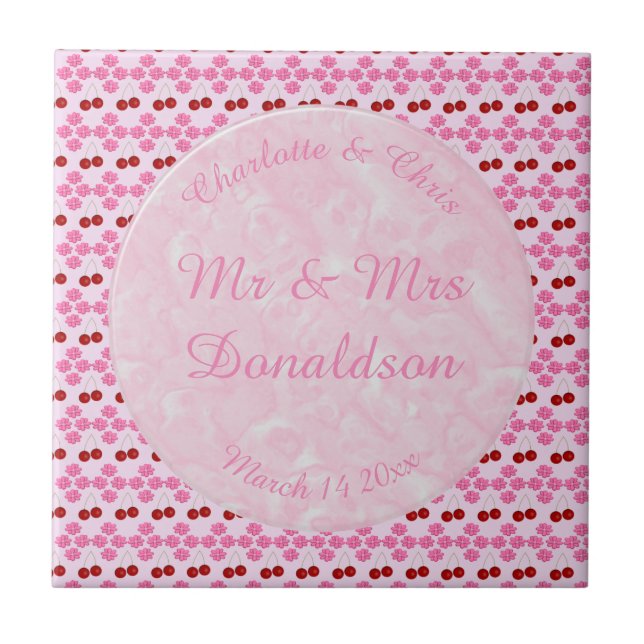 Pink Spring Wedding Cherry blossom and cherries Tile (Front)