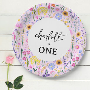 Pink Spring Wildflower Girl's First Birthday Paper Plate