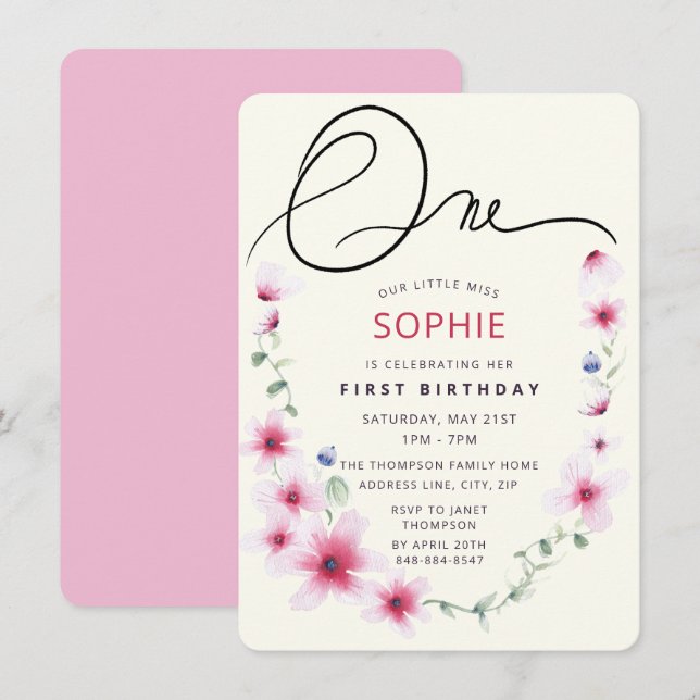 Pink Spring Wildflowers Wreath Our Little Miss One Invitation (Front/Back)