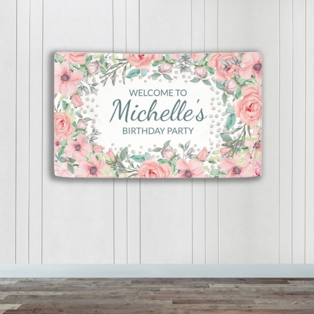 Pink Springtime Floral Greenery Birthday Banner (Blush pink floral custom birthday party banner)