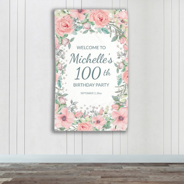 Pink Springtime Floral Greenery Vertical Birthday Banner (Pink watercolor floral 100th birthday party vertical banner personalized with name and age.)