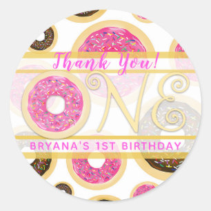 Pink Sprinkle Doughnut Doughnuts ONE 1st Birthday Classic Round Sticker