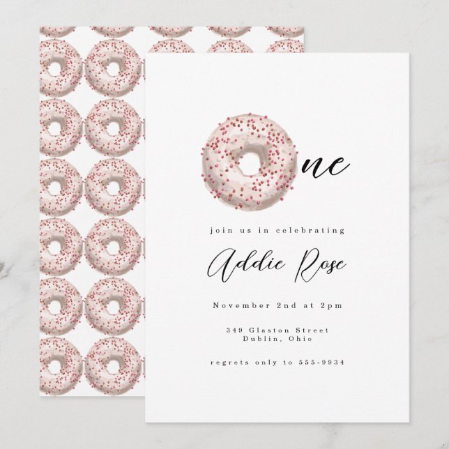 Pink Sprinkle Doughnut One Girl First Birthday Invitation (Front/Back)