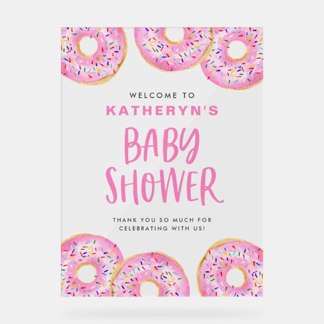 Pink Sprinkle Doughnuts Baby Shower Welcome Acrylic Sign (Front)