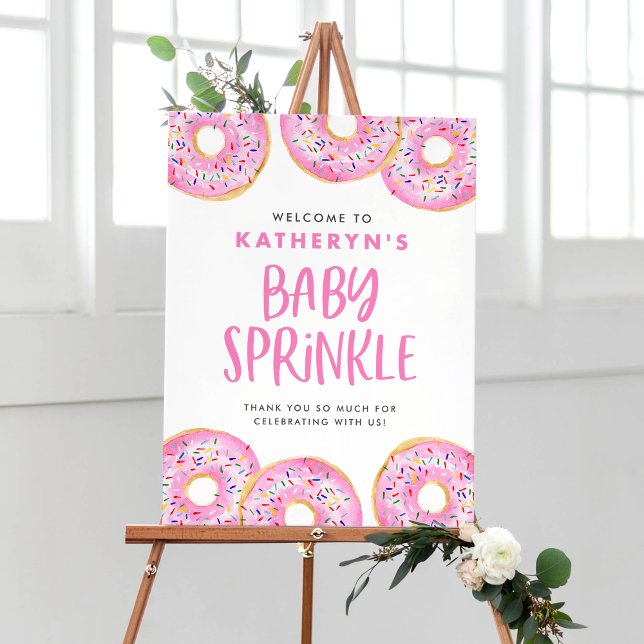 Pink Sprinkle Doughnuts Baby Sprinkle Welcome Poster (Watercolor Pink Sprinkle Donut Baby Sprinkle Welcome Sign – Customizable Baby Shower Decor)