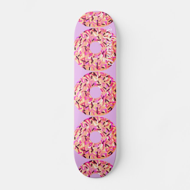 Pink Sprinkle Doughnuts Girls Purple Custom Name Skateboard (Front)