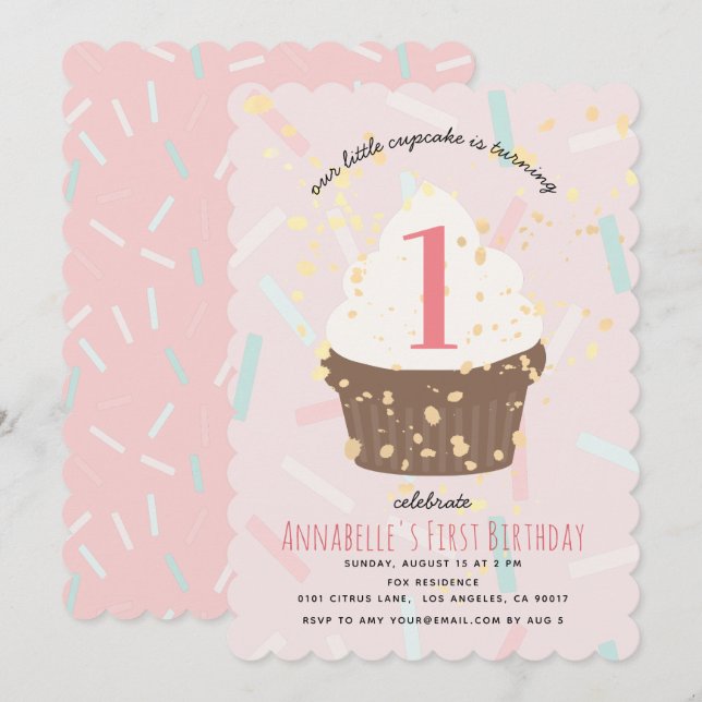 Pink Sprinkles Cupcake Birthday Invitation (Front/Back)