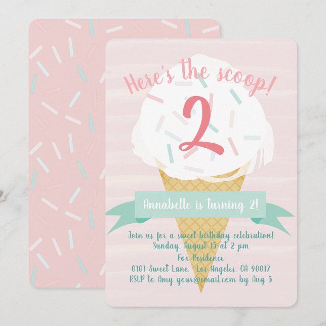 Pink Sprinkles Ice Cream Birthday Invitation (Front/Back)