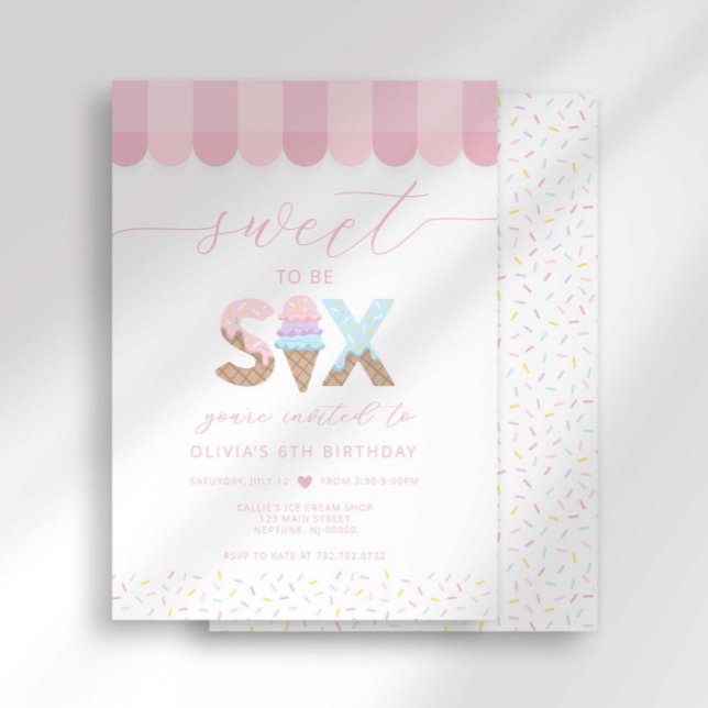 Pink Sprinkles Sweet to be 6 Ice Cream Birthday Invitation (Creator Uploaded)