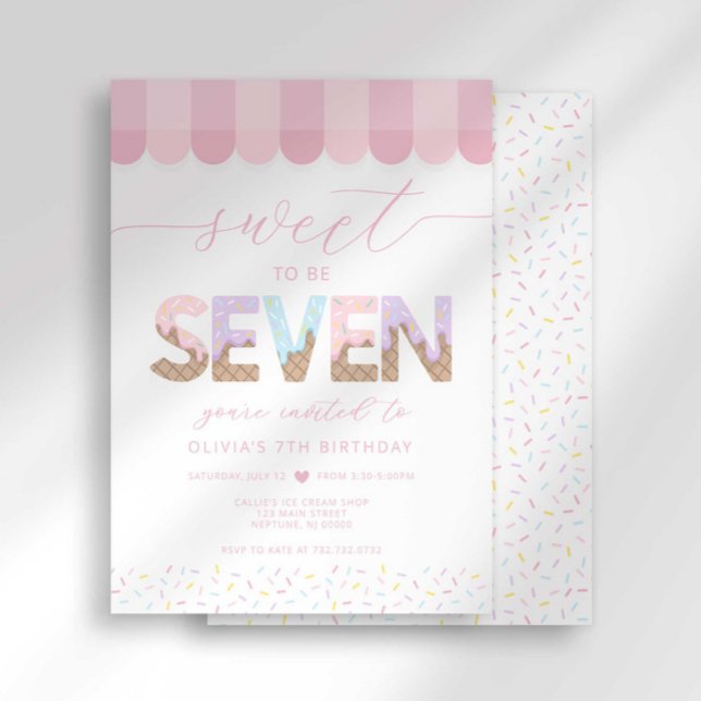 Pink Sprinkles Sweet to be 7 Ice Cream Birthday Invitation (Creator Uploaded)
