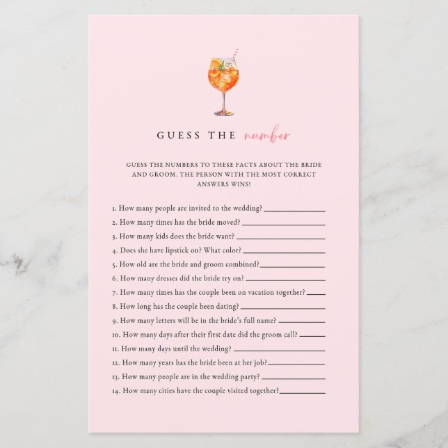 Pink Spritz Bridal Shower Guess The Number Game (Front)