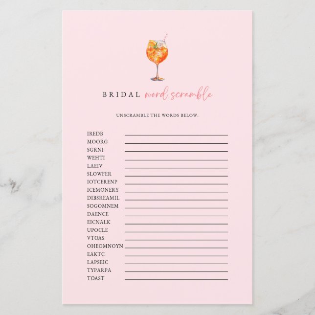 Pink Spritz Bridal Word Scramble Game (Front)