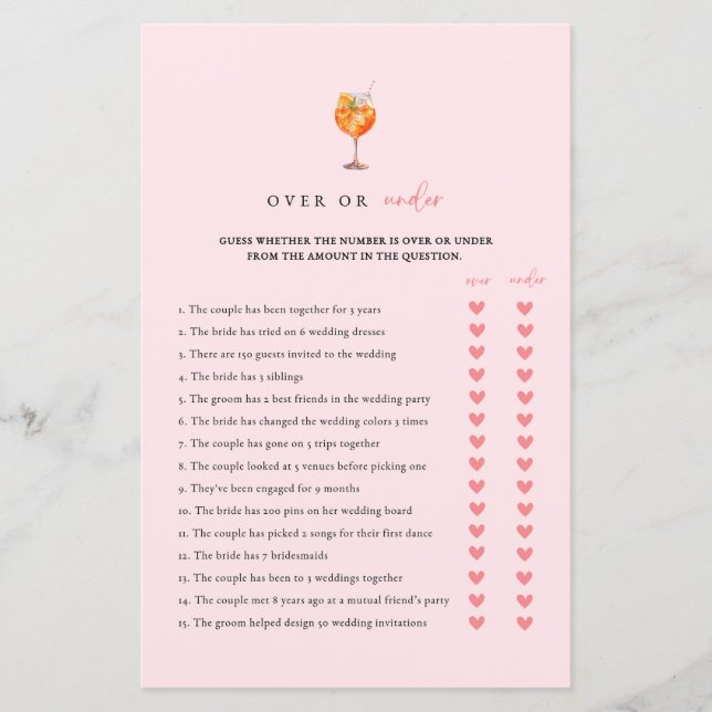 Pink Spritz Over Or Under Bridal Shower Game (Front)