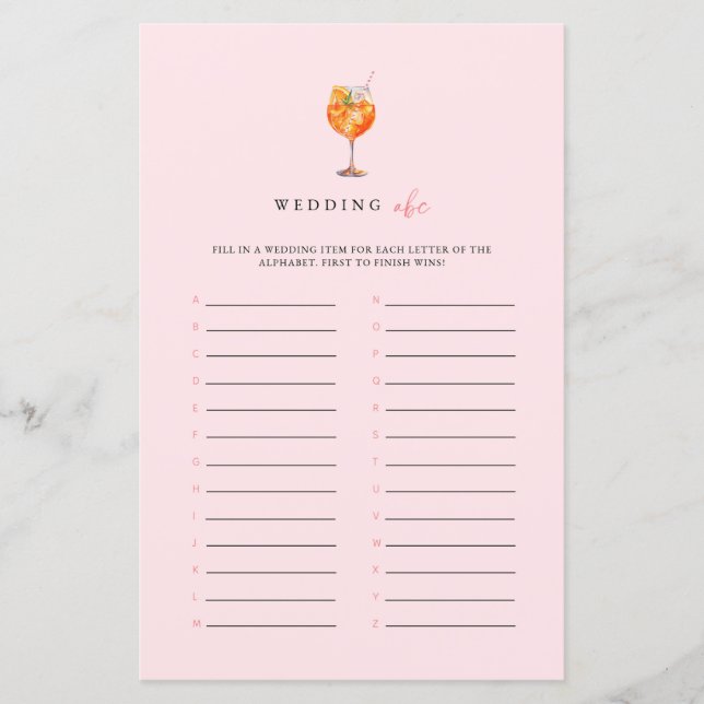 Pink Spritz Wedding ABC Bridal Shower Game (Front)