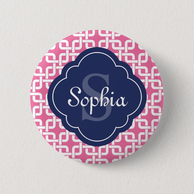 Pink Square Chain Pattern Blue Monogram 6 Cm Round Badge (Front)