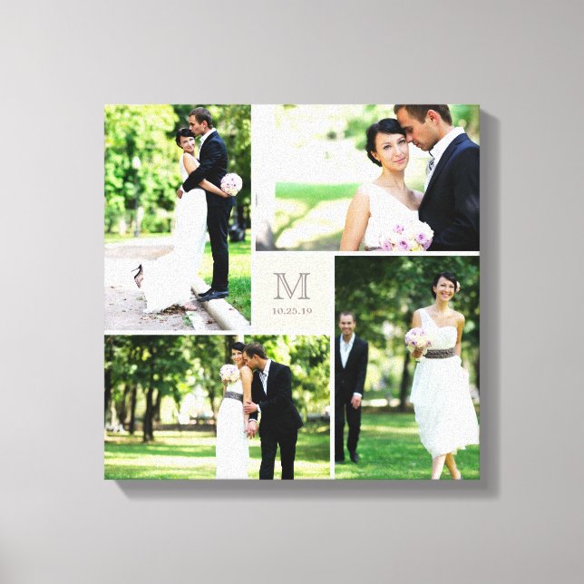 Pink Square Grid Monogram Wedding 4 Photo Collage Canvas Print (Front)