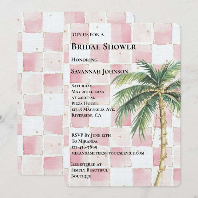 Pink Squares Tropical Gold Palm Tree Bridal Shower Invitation (Front/Back)