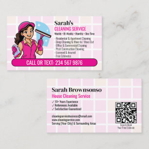Pink Squeegee Window Cleaning QR Cartoon Girl Business Card