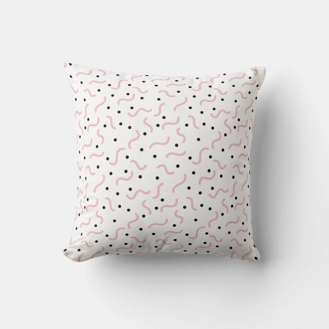 Pink Squiggles and Black Dots Memphis Pattern Cushion (Front)