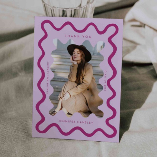 Pink Squiggly Wavy Frame Graduation Thank You Announcement (Creator Uploaded)