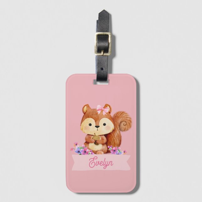 Pink Squirrel Personalised Luggage Tag (Front Vertical)