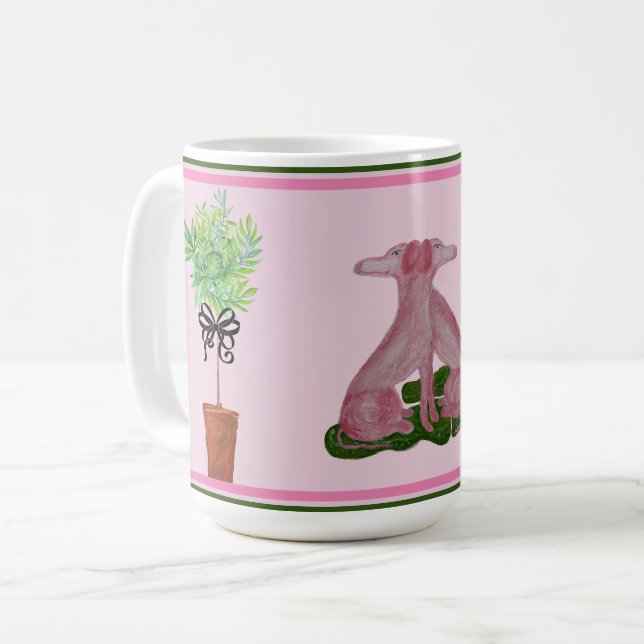 Pink Staffordshire Dogs Topiary Coffee Mug (Front Left)