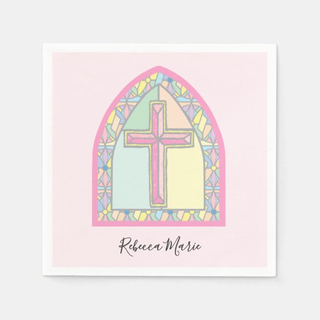 Pink Stained Glass Cross First Communion Napkins (Front)