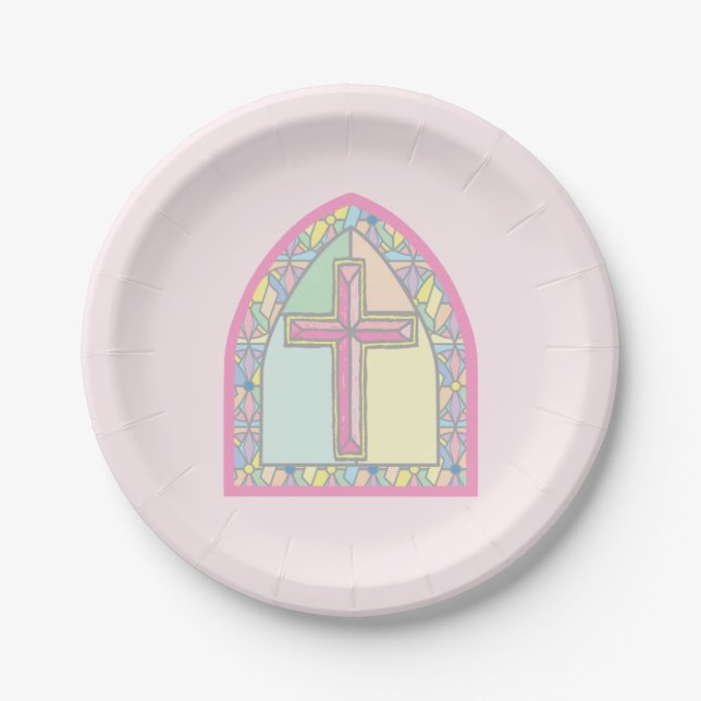Pink Stained Glass First Communion Paper Plate (Front)