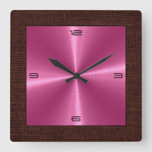 Pink Stainless Steel Modern Burlap Border Square Wall Clock