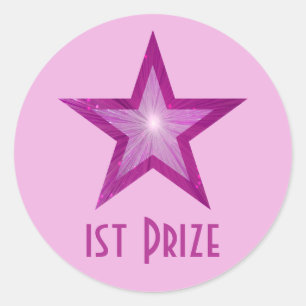 Pink Star '1st Prize' round sticker pale pink