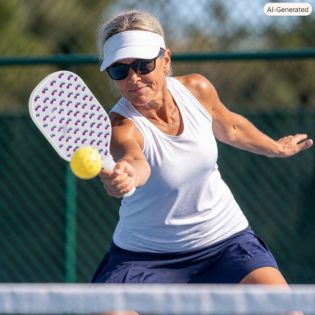 Pink Star and Colourful Rainbow Pattern Pickleball Paddle (A pickleball paddle with a pattern of pink stars and colorful pastel rainbows.)