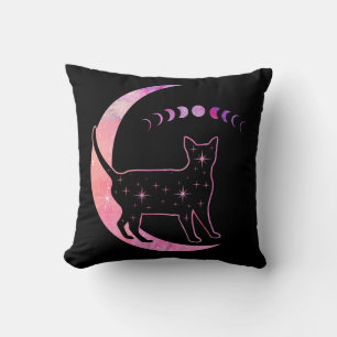 Pink Star Cat On Moon With Phases Cushion
