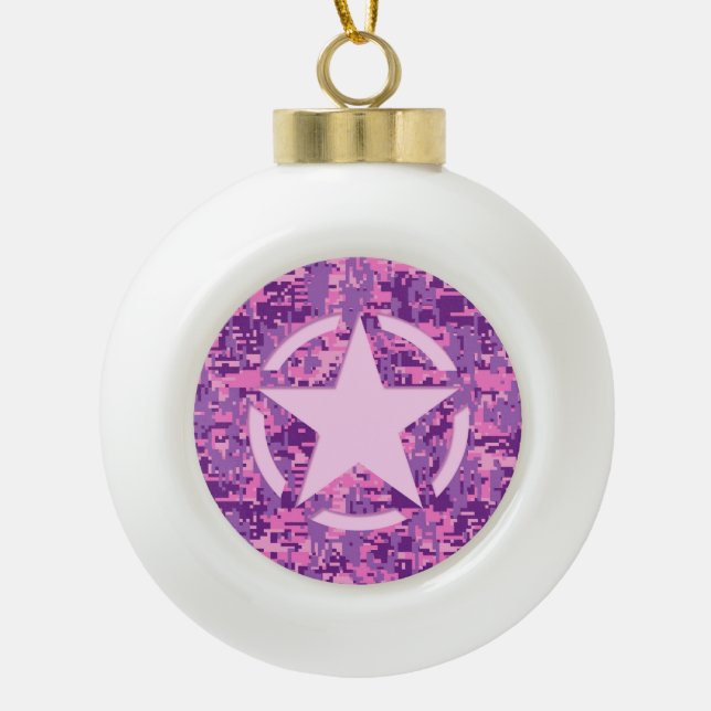 Pink Star Deco on Digital Camo Style Ceramic Ball Christmas Ornament (Front)