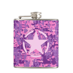 Pink Star Deco on Digital Camo Style Hip Flask