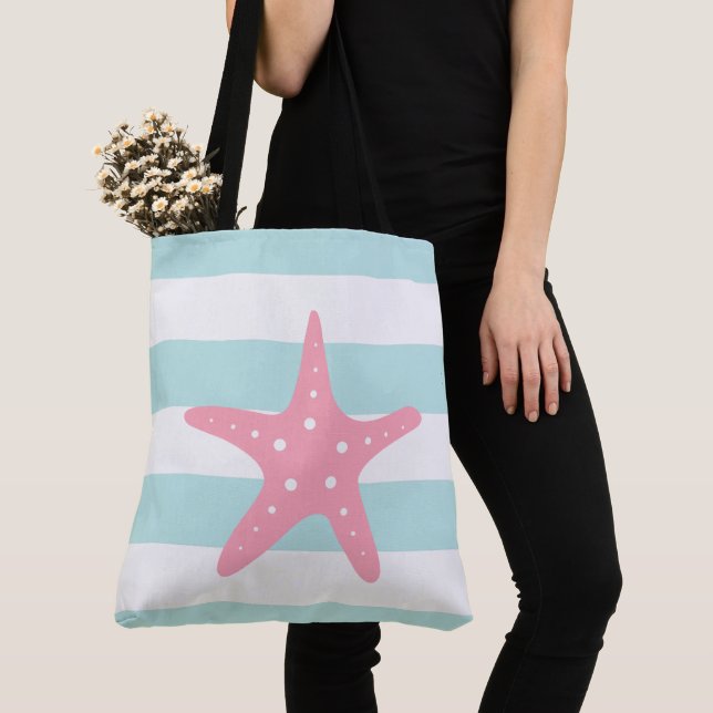 Pink Star Fish on Mint Stripes Tote Bag (Close Up)