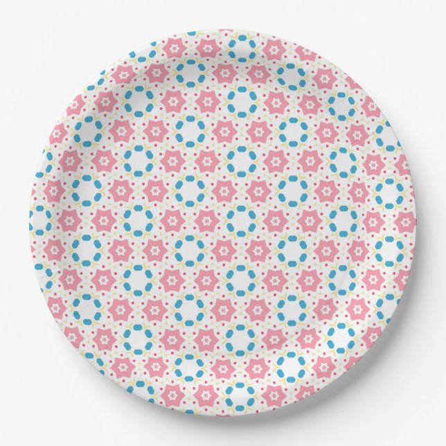 Pink star flower blue dots paper plate (Front)