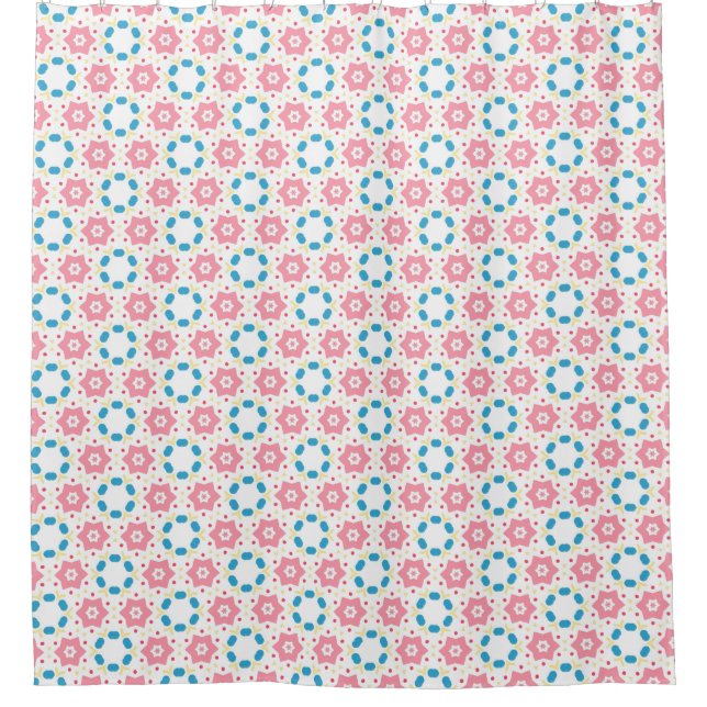 Pink star flower blue dots pattern shower curtain (Front)