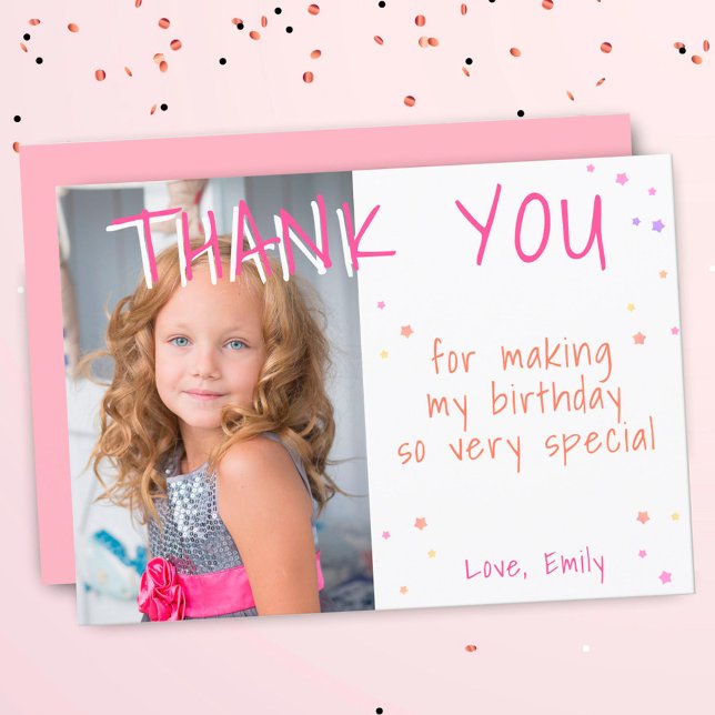 Pink Star Girl Photo Birthday Thank You Card (Creator Uploaded)