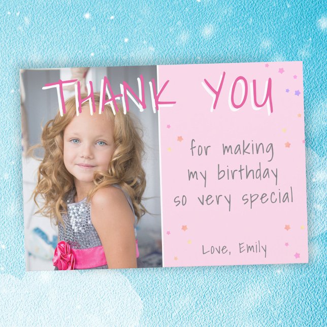 Pink Star Girly Birthday Thank you Photo Card (Creator Uploaded)