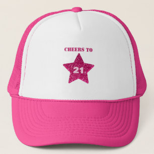 Pink Star Glitter Cheers to 21 21st Birthday Trucker Hat