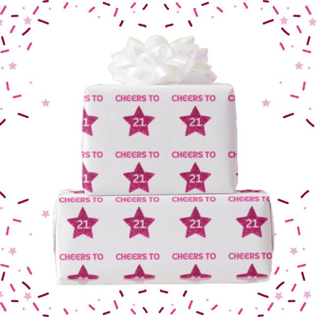 Pink Star Glitter Cheers to 21 21st Birthday  Wrapping Paper (Creator Uploaded)
