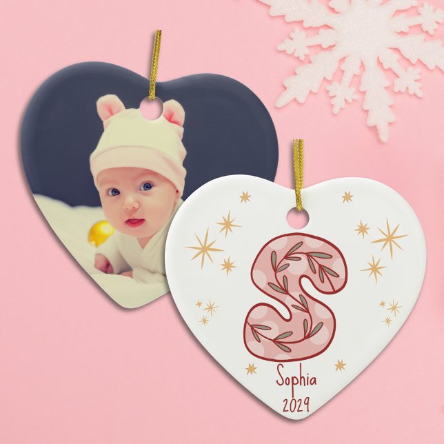 Pink Star Golden Accents Pattern Ceramic Tree Decoration (Baby Girl’s First Christmas with Initial S Ceramic Ornament)