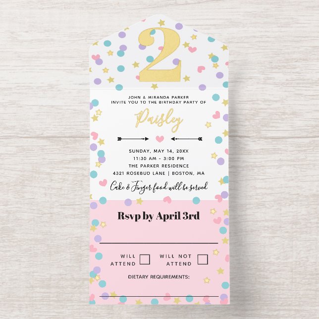 Pink Star Heart Dot Confetti Toddler Kid Birthday All In One Invitation (Inside)