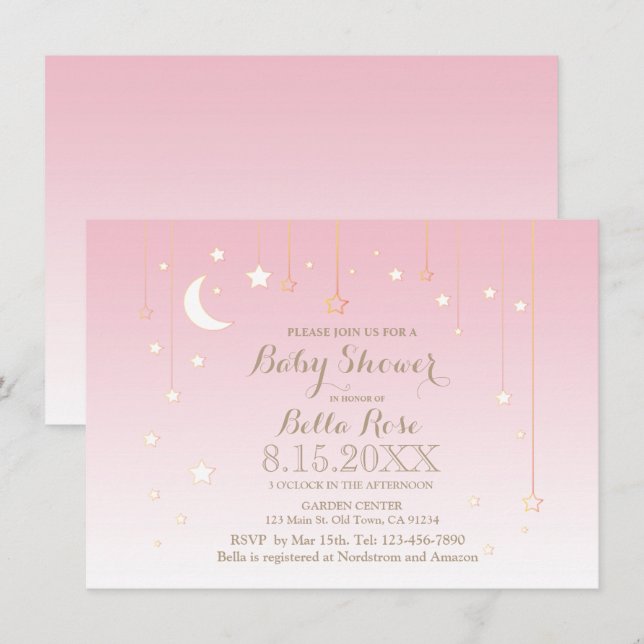 Pink star moon baby girl baby shower invitation (Front/Back)